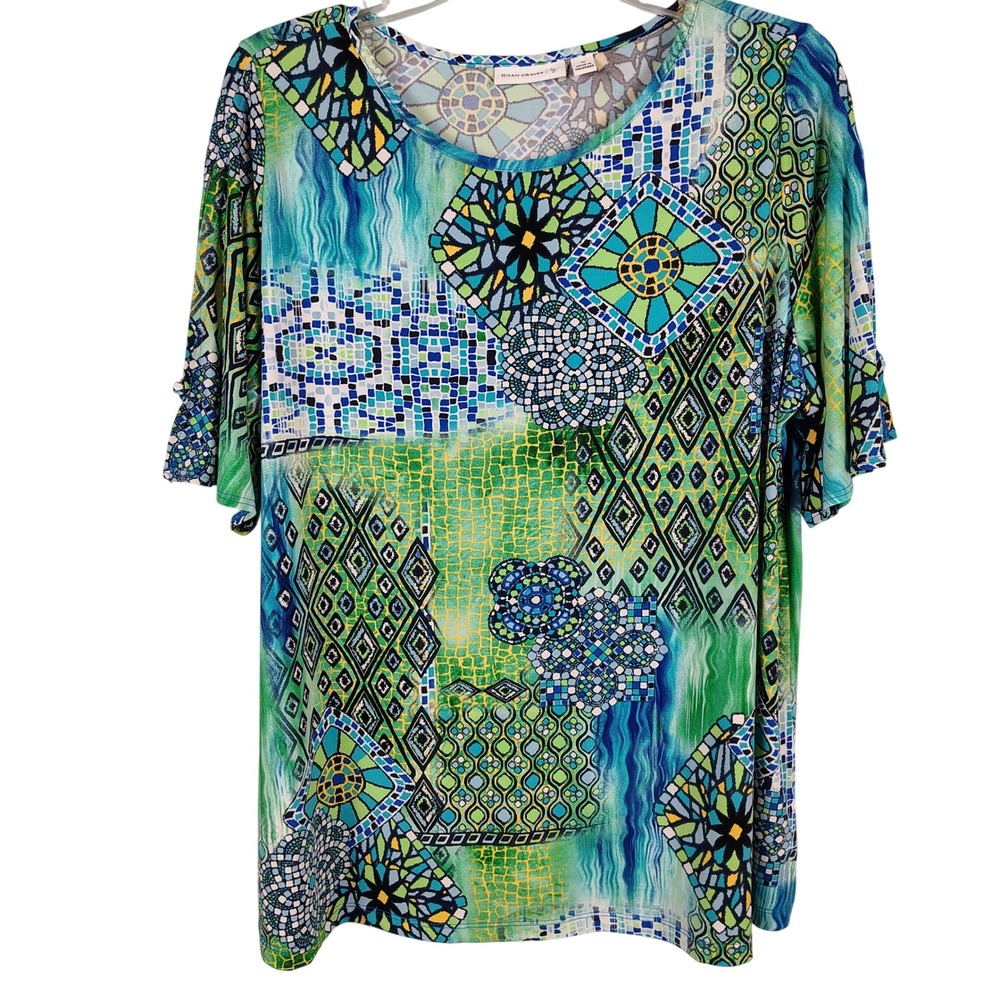 Susan Graver Womens 1X Mosaic Geometric Top Multicolor Stretch Art to Wear